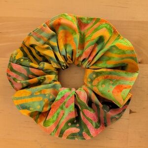 Green Batik Geometic scrunchie elastic ponytail hair accessory OOAK